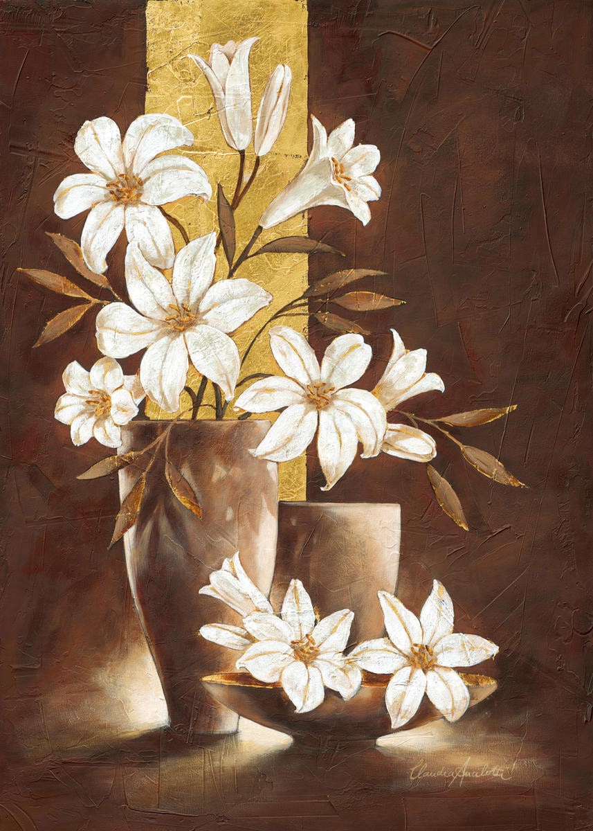 Claudia Ancilotti, Golden Lily (Stillleben, Blumenvasen, Blumen, weiße Blüten, Lilien, Terracotta,  Herbstfarben, Wunschgröße, Treppenhaus, Wohnzimmer, Esszimmer, braun/gold)