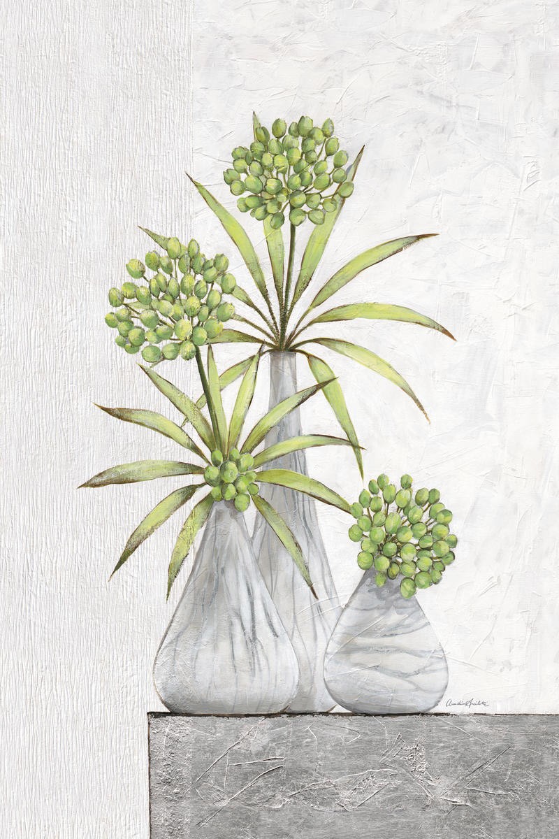 Claudia Ancilotti, Green Pearls (Stillleben, Blumenvasen, Knospen, Blütenzweige, Blüten, modern, Wunschgröße, Treppenhaus, Wohnzimmer, Esszimmer, grau/grün)