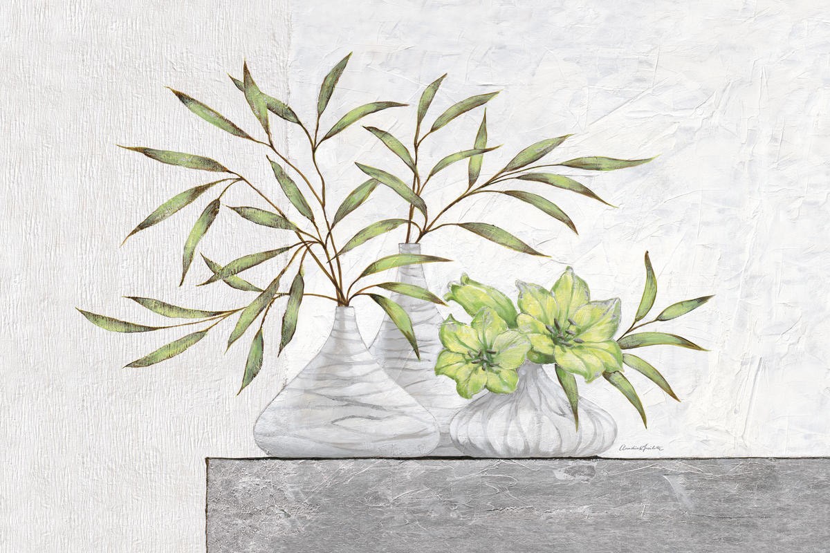 Claudia Ancilotti, Green Lilies (Stillleben, Blumenvasen, Blätterzweig, Blütenzweige, Blüten, modern, Wunschgröße, Treppenhaus, Wohnzimmer, Esszimmer, grau/grün)