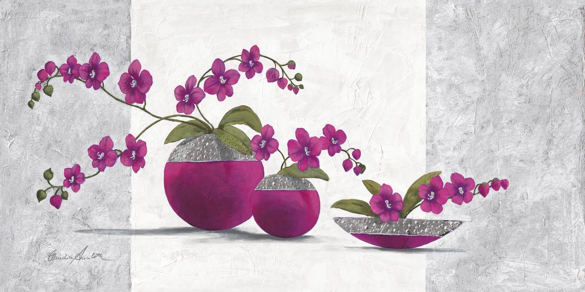 Claudia Ancilotti, Scarlett (Stillleben, Blumenvasen,  Blütenzweige, Blüten, modern, Wunschgröße, Treppenhaus, Wohnzimmer, Esszimmer, grau/pink)