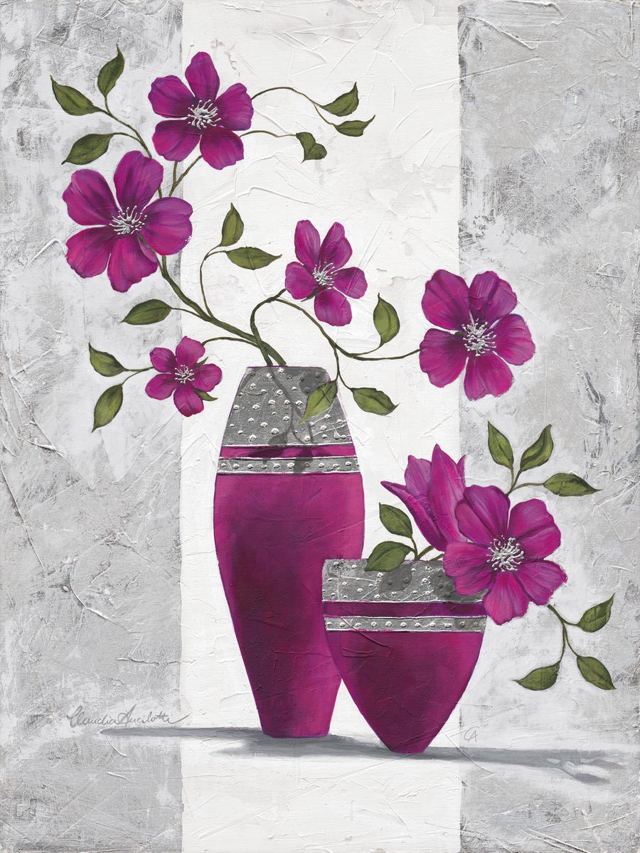 Claudia Ancilotti, Jasmina (Stillleben, Blumenvasen,  Blütenzweige, pinkfarbene Blüten, modern, Wunschgröße, Treppenhaus, Wohnzimmer, Esszimmer, grau/pink)