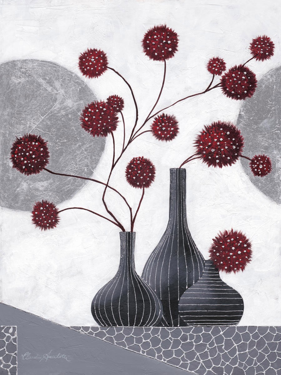 Claudia Ancilotti, Spitit II (Stillleben, Blumenvasen,  Blütenzweige, Blüten, modern, Wunschgröße, Treppenhaus, Wohnzimmer, Esszimmer, grau/rot)