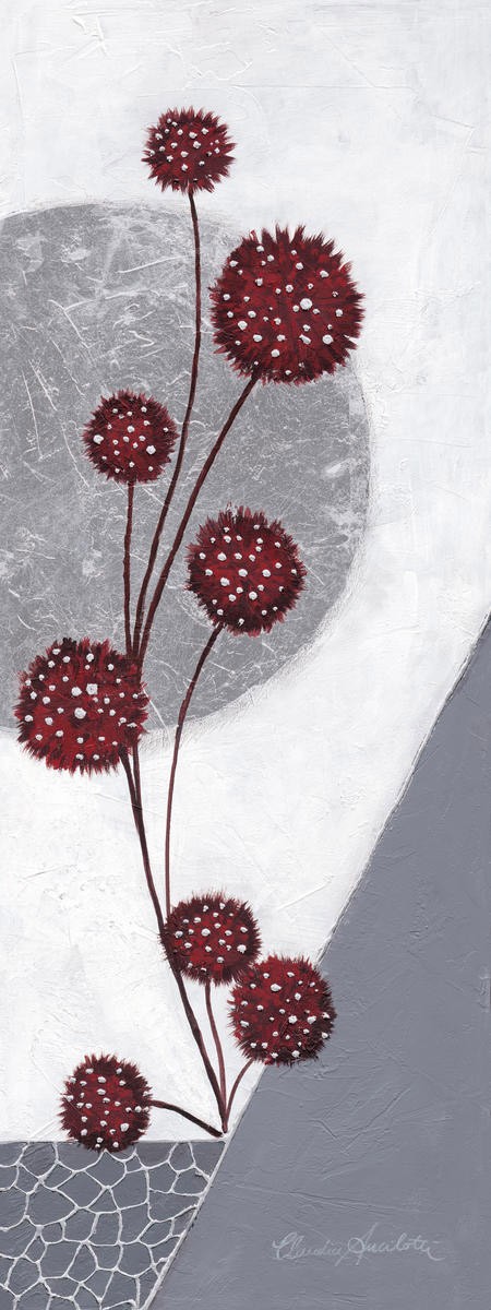Claudia Ancilotti, Spirit III (Stillleben, Blütenzweige, abstrakter Hintergrund, modern, Wunschgröße, Treppenhaus, Wohnzimmer, Esszimmer, grau/rot)
