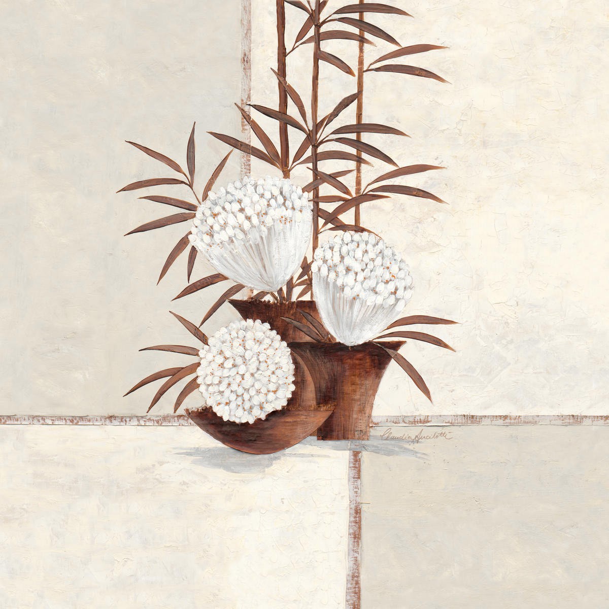 Claudia Ancilotti, Bamboo & Bloom (Stillleben, Blumenvasen,  Blumenschale, Bambus, Blütenzweige, Blüten, modern, Wunschgröße, Treppenhaus, Wohnzimmer, Esszimmer, beige/braun)