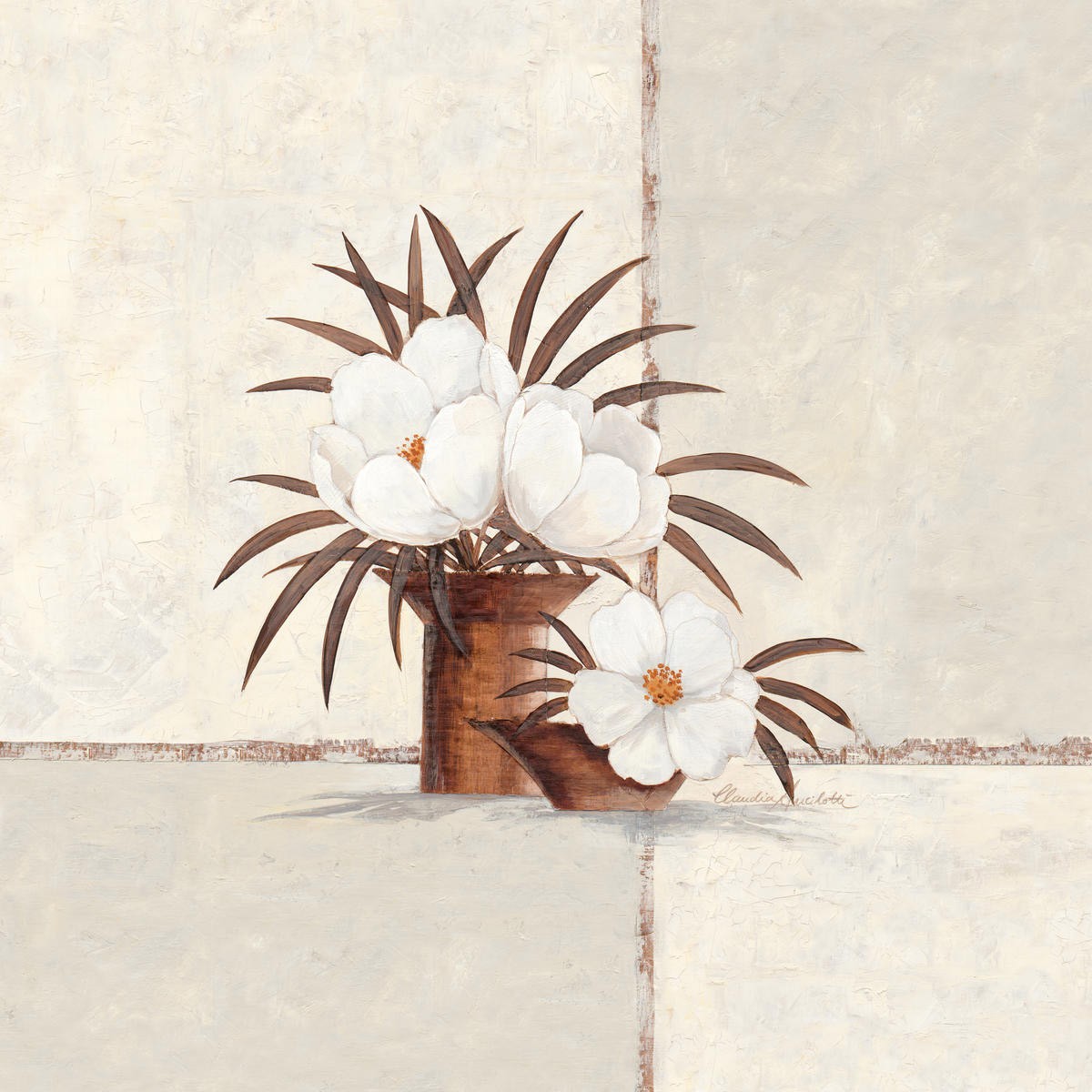 Claudia Ancilotti, Full Bloom (Stillleben, Blumenvase,  Blumenschale, Bambus, Blütenzweige, Blüten, modern, Wunschgröße, Treppenhaus, Wohnzimmer, Esszimmer, beige/braun)