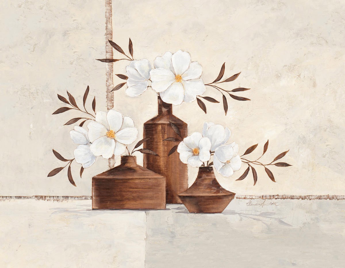 Claudia Ancilotti, Classic Mood (Stillleben, Blumenvasen,   Blütenzweige, Blüten, modern, Wunschgröße, Treppenhaus, Wohnzimmer, Esszimmer, beige/braun)