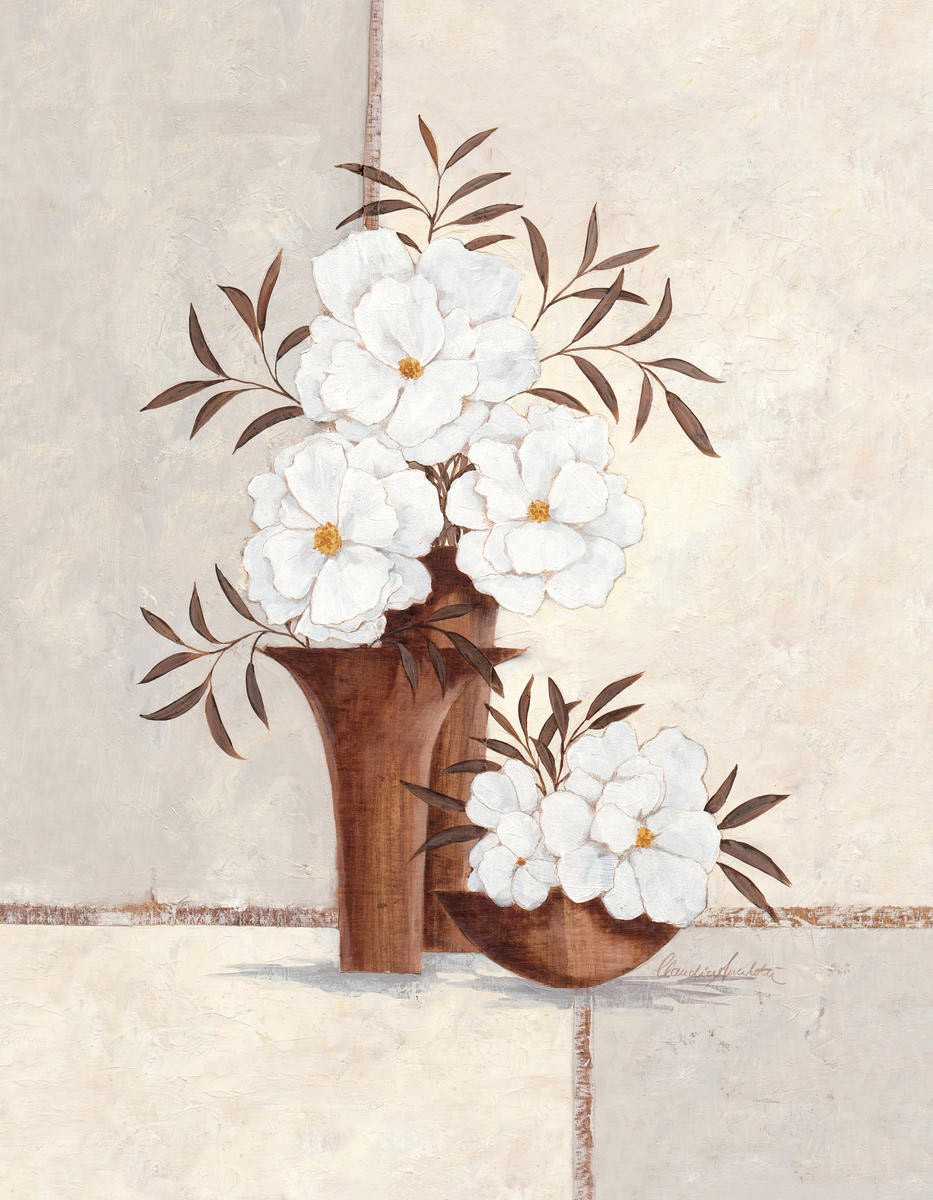 Claudia Ancilotti, Vintage Style (Stillleben, Blumenvasen,   Blütenzweige, Blüten, modern, Wunschgröße, Treppenhaus, Wohnzimmer, Esszimmer, beige/braun)