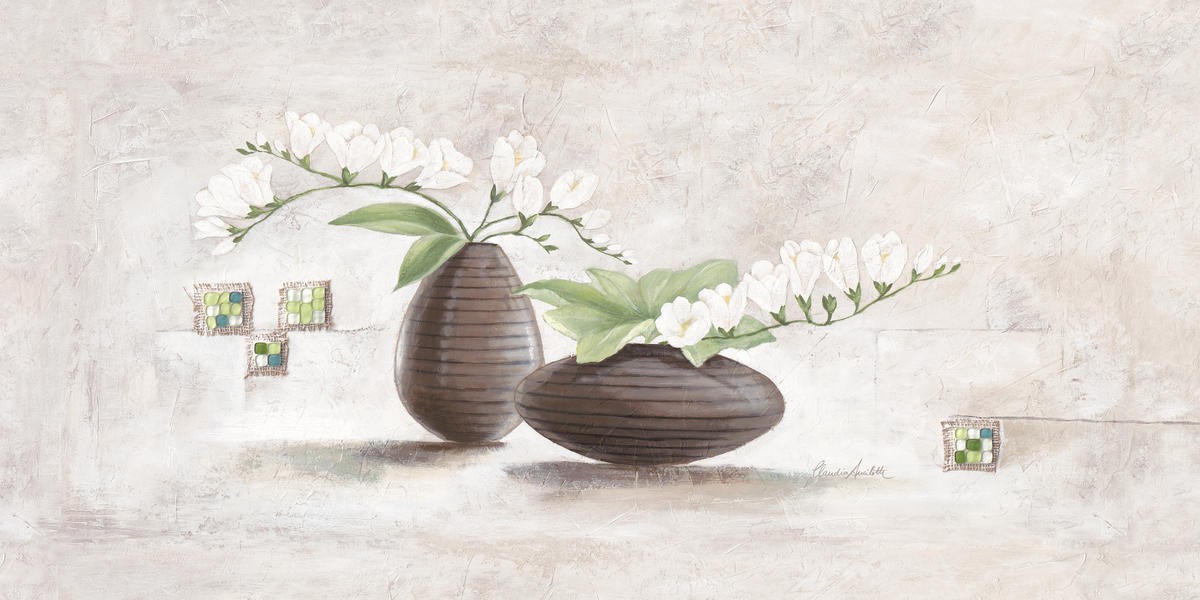 Claudia Ancilotti, Cassic Green (Stillleben, Blumenvasen,   Blütenzweige, weiße Blüten, modern, Wunschgröße, Treppenhaus, Wohnzimmer, Esszimmer, beige/braun)