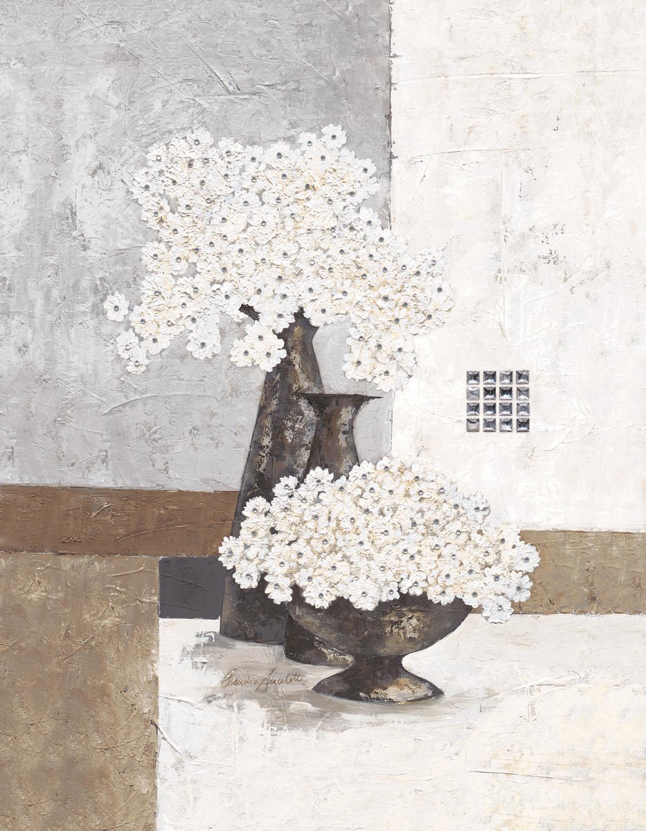 Claudia Ancilotti, Silver Pearl (Stillleben, Blumenvasen,   Blütenzweige, Blüten, modern, Wunschgröße, Treppenhaus, Wohnzimmer, Esszimmer, beige/braun)