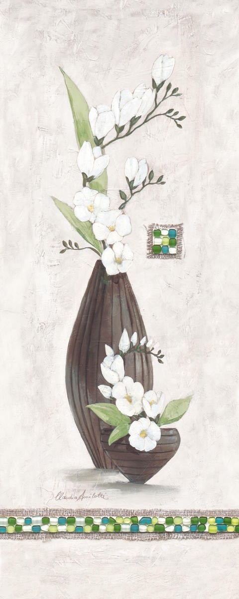 Claudia Ancilotti, Secret Garden III (Stillleben, Blumenvasen,   Blütenzweige, Blüten, modern, Wunschgröße, Treppenhaus, Wohnzimmer, Esszimmer, beige/braun)