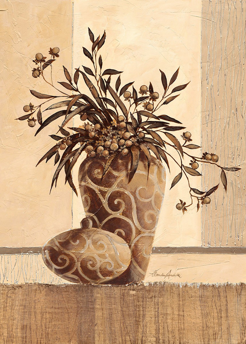 Claudia Ancilotti, Kairo (Stillleben, Blumenvasen,   Beerenzweige, Beeren, modern, Wunschgröße, Treppenhaus, Wohnzimmer, Esszimmer, beige/braun)
