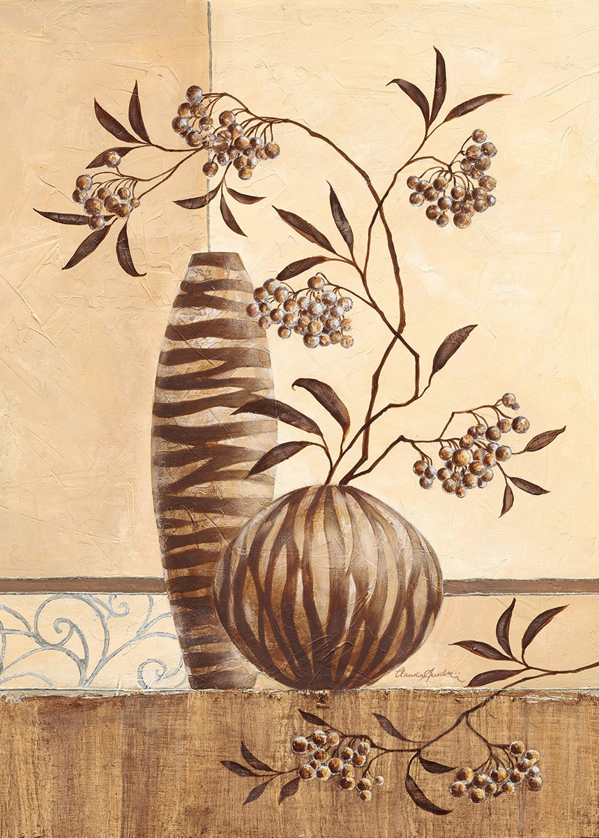 Claudia Ancilotti, Nairobi (Stillleben, Blumenvasen,   Beerenzweige, Beeren, modern, Wunschgröße, Treppenhaus, Wohnzimmer, Esszimmer, beige/braun)