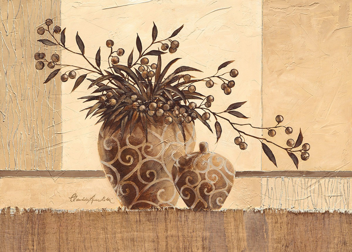 Claudia Ancilotti, Luxor (Stillleben, Blumenvasen,   Beerenzweige, Beeren, modern, Wunschgröße, Treppenhaus, Wohnzimmer, Esszimmer, beige/braun)