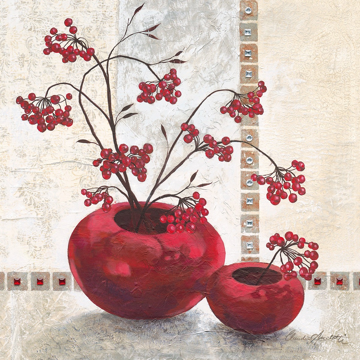 Claudia Ancilotti, Red Berries (Stillleben, Blumenvasen,   Beerenzweige, rote Beeren, modern, Wunschgröße, Treppenhaus, Wohnzimmer, Esszimmer, beige/rot)