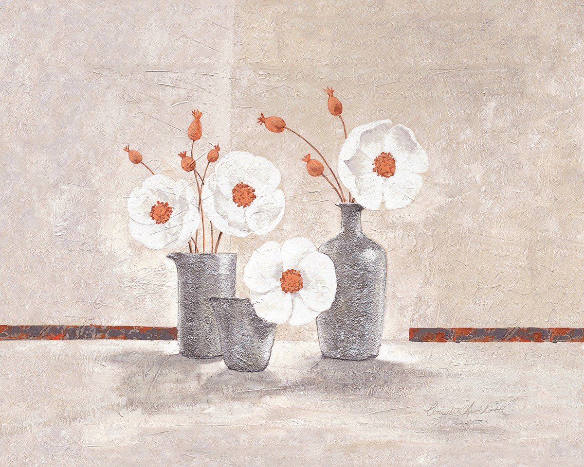 Claudia Ancilotti, Sunny Day (Stillleben, Blumenvasen,   Blütenzweig, weiße Blüten, modern, Wunschgröße, Treppenhaus, Wohnzimmer, Esszimmer, beige/grau)