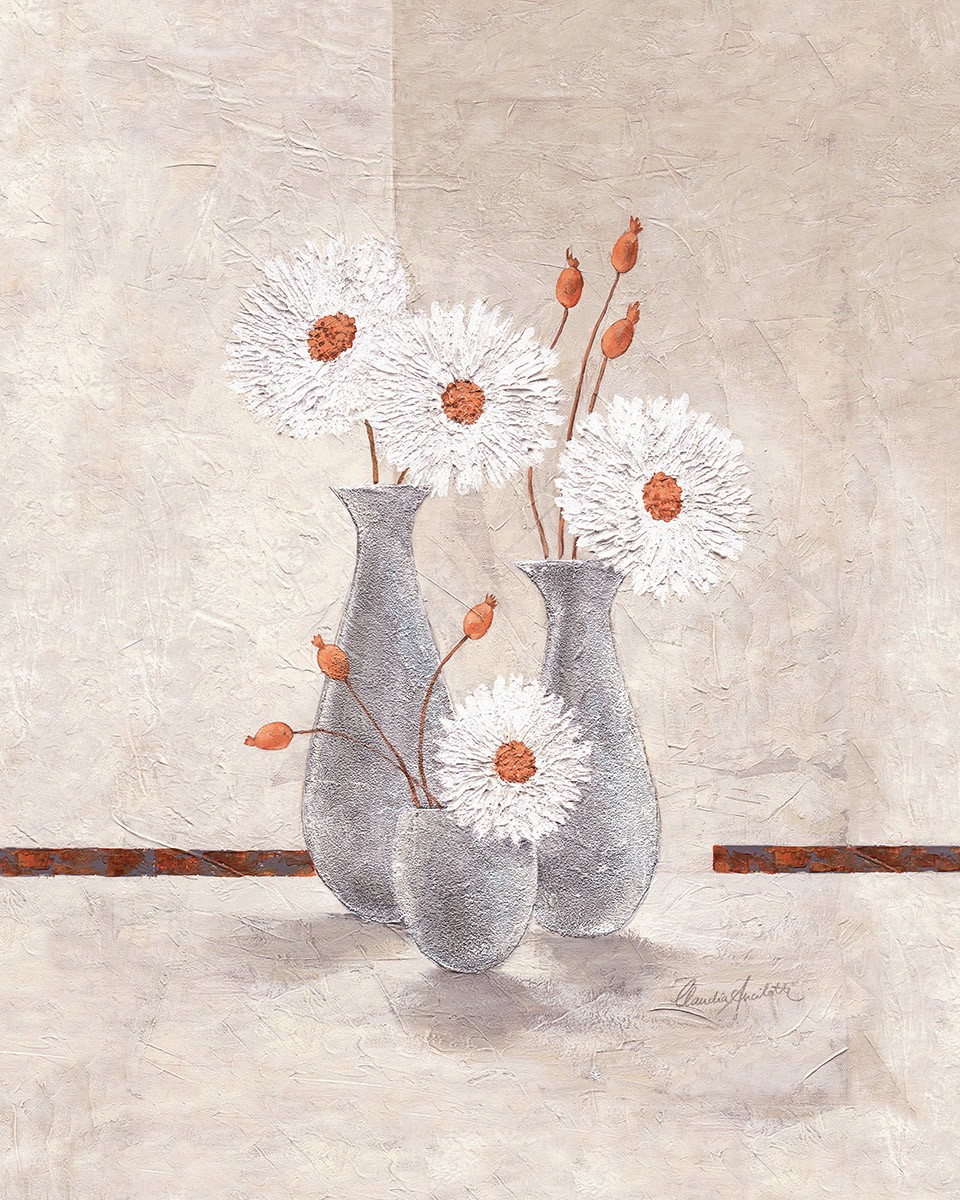 Claudia Ancilotti, Lucky Day (Stillleben, Blumenvasen,   Blütenzweig, weiße Blüten, modern, Wunschgröße, Treppenhaus, Wohnzimmer, Esszimmer, beige/grau)