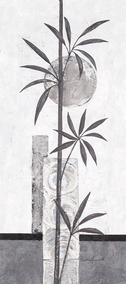 Claudia Ancilotti, Silver Bamboo I (Bambus, geometrische Muster, modern, kühl, stilisiert, Wunschgröße, Treppenhaus, Wohnzimmer, Schlafzimmer, grau/weißEngel, Putten, Raffael, Adaption,)