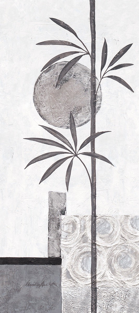 Claudia Ancilotti, Silver Bamboo II (Bambus, geometrische Muster, modern, kühl, stilisiert, Wunschgröße, Treppenhaus, Wohnzimmer, Schlafzimmer, grau/weiß)