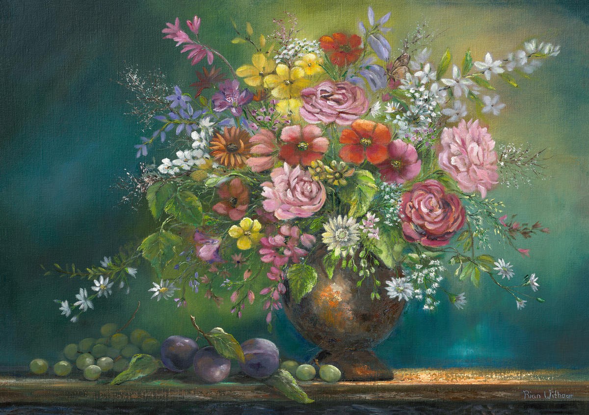 Rian Withaar, Flower Bouquet 1 (Blumen, Blumenvase, Bouquet, üppig, Obst, Trauben, Stillleben,  modern, zeitgenössisch, Treppenhaus, Wohnzimmer, Esszimmer, Wunschgröße, Malerei, bunt)