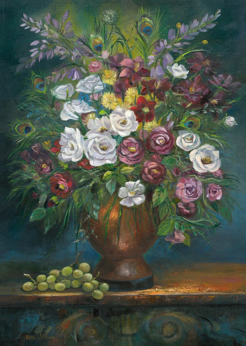 Rian Withaar, Flower Bouquet 2 (Blumen, Blumenvase, Bouquet, üppig, Obst, Trauben, Stillleben,  modern, zeitgenössisch, Treppenhaus, Wohnzimmer, Esszimmer, Wunschgröße, Malerei, bunt)