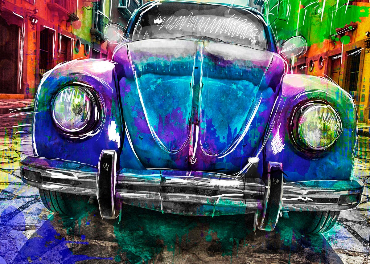 Sander Van Laar, Beatle (Auto, Oldtimer, VW - Käfer, Volkswagen, Pop Art, modern, grell, schrill, neofarben, Wohnzimmer, Jugendzimmer, Wunschgröße, bunt)