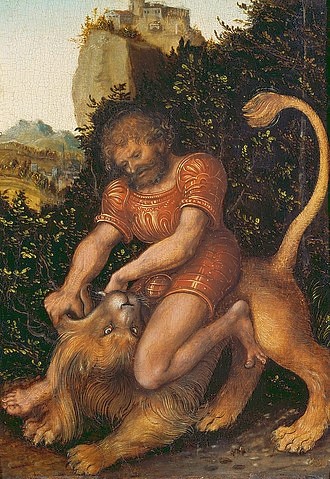 LUCAS CRANACH Der Ältere, Samson, den Löwen bezwingend. (Samson, Löwe, Kampf, Kraft, Landschaft, Felsen, Burg, Religion, altes Testament, Klassiker, Renaissance, Wunschgröße, Wohnzimmer)