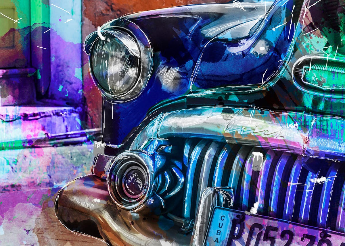 Sander Van Laar, Cuba (Auto, Oldtimer, Kühlergrill, Pop Art, Havanna, Kuba, modern, grell, schrill, neofarben, Wohnzimmer, Jugendzimmer, bunt)