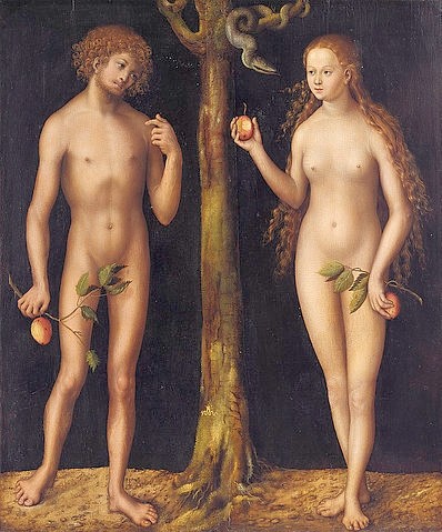 LUCAS CRANACH Der Ältere, Adam und Eva. (Sündenfall, Eva, Adam, Baum der Erkenntnis, Apfelbaum, Äpfel, Schlange, Religion, Klassiker, Renaissance, Wunschgröße, Wohnzimmer)