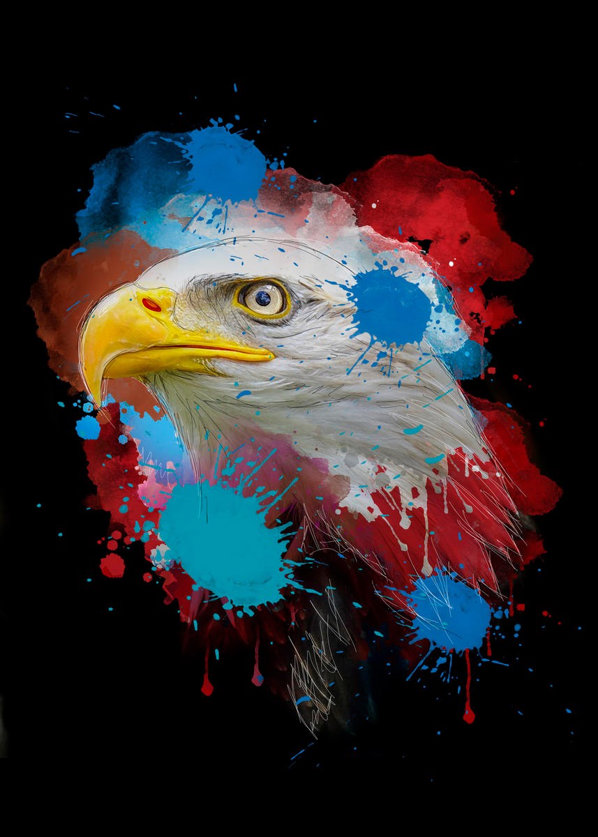 Sander Van Laar, Eagle (Adler, Raubvogel, Tierportrait,  Pop Art, modern, grell, schrill, neofarben, Fotokunst, Montage, Wohnzimmer, Jugendzimmer, bunt)