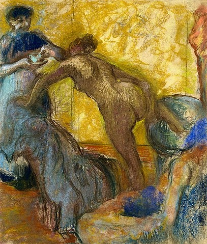 Edgar Degas, Die Tasse Schokolade. Um 1900-05 (Degas,Edgar,1834-1917,Basel,Kunstmuseum,Pastell/Papier,20. Jahrhundert,Impressionismus,Degas,Edgar Degas,20. Jahrhundert,Impressionismus,La tasse de chocolat,Akt,Rückenansicht,Frau,Waschzuber,Dienstmädchen,intim,baden,Körperpflege,sich waschen,Pastell, fr)