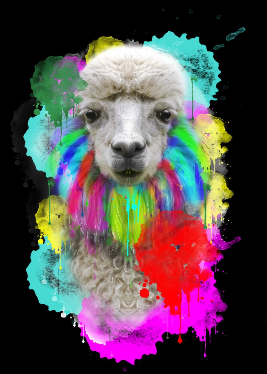 Sander Van Laar, Lama (Lama, Tierportrait, Farbkleckse, Pop Art, modern, grell, schrill, neofarben, Fotokunst, Montage, Wohnzimmer, Jugendzimmer, bunt)