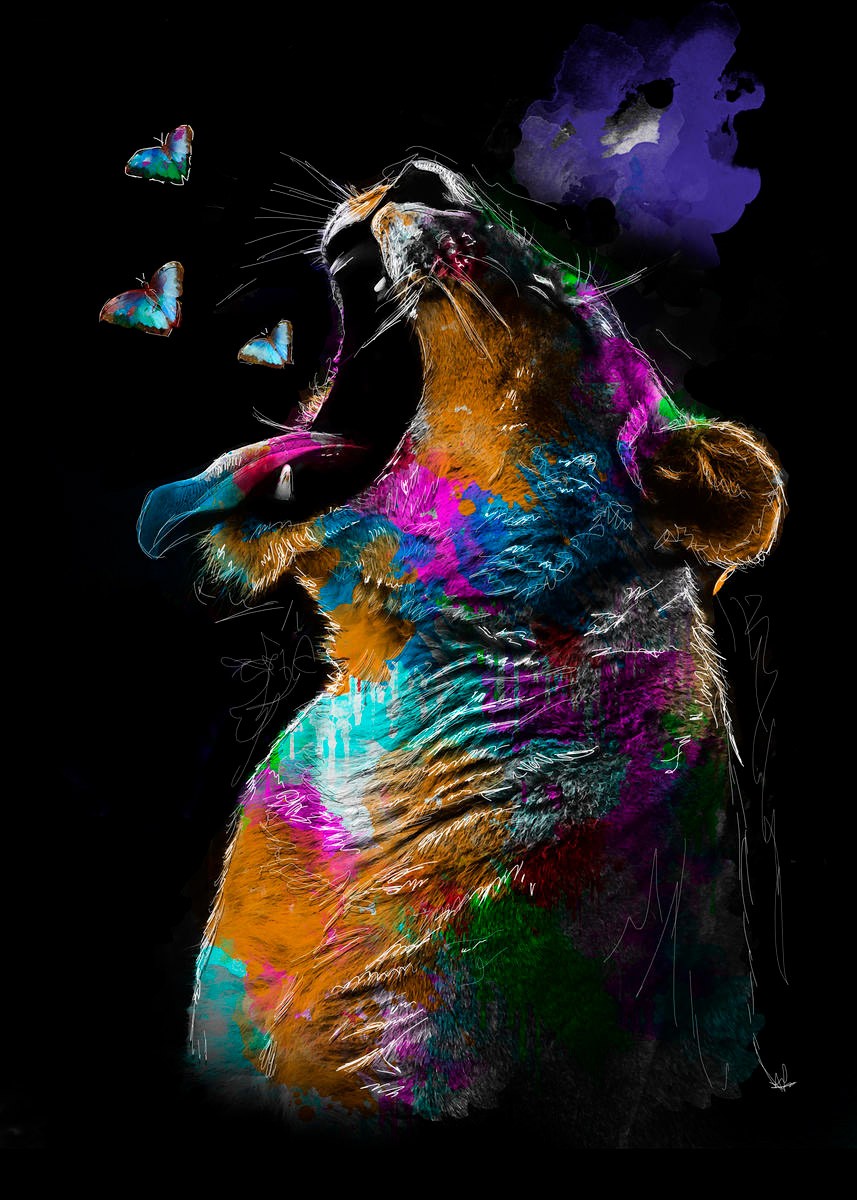Sander Van Laar, Lion (Löwin, Raubkatze, Schmetterlinge,  Tierportrait, Farbkleckse, Pop Art, modern, grell, schrill, neofarben,  Wohnzimmer, Jugendzimmer, bunt)