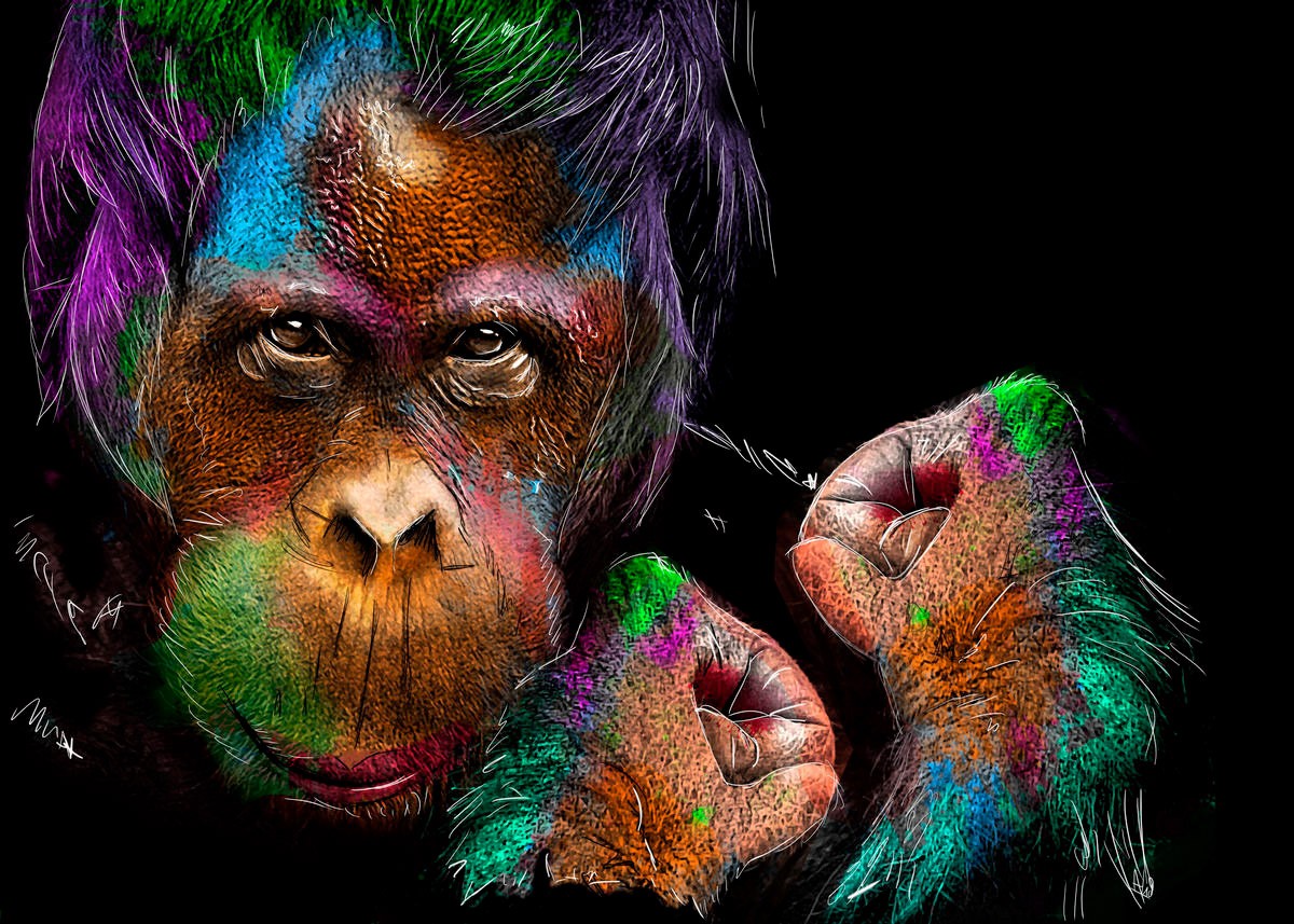 Sander Van Laar, Monkey (Affe, Gesicht, Hände, Tierportrait, Farbkleckse, Pop Art, modern, grell, schrill, neofarben, Wohnzimmer, Jugendzimmer, bunt)