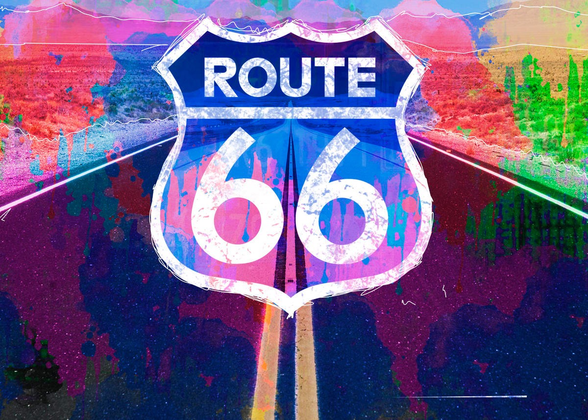 Sander Van Laar, Route 66 (Straße, Hihgway, Amerika, Pop Art, modern, grell, schrill, neofarben, Fotokunst, Montage, Wohnzimmer, Jugendzimmer, Wunschgröße, bunt)