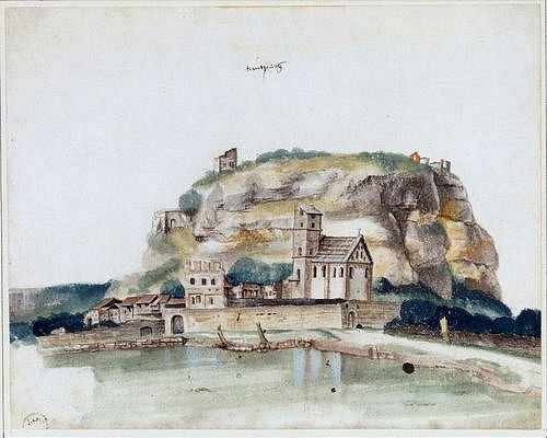 Albrecht Dürer, Trintperg (Der Doss' Triento bei Trient). 1495 (Dürer,Albrecht,1471-1528,Sammlung R.von Hirsch,Basel,Wasserfarben/Papier,Italien,Dürer, Albrecht Dürer,Trientperg,15. Jahrhundert,Renaissance,Dos Trient,Insel,Felsen,Kloster,Kirche,Klosteranlage)