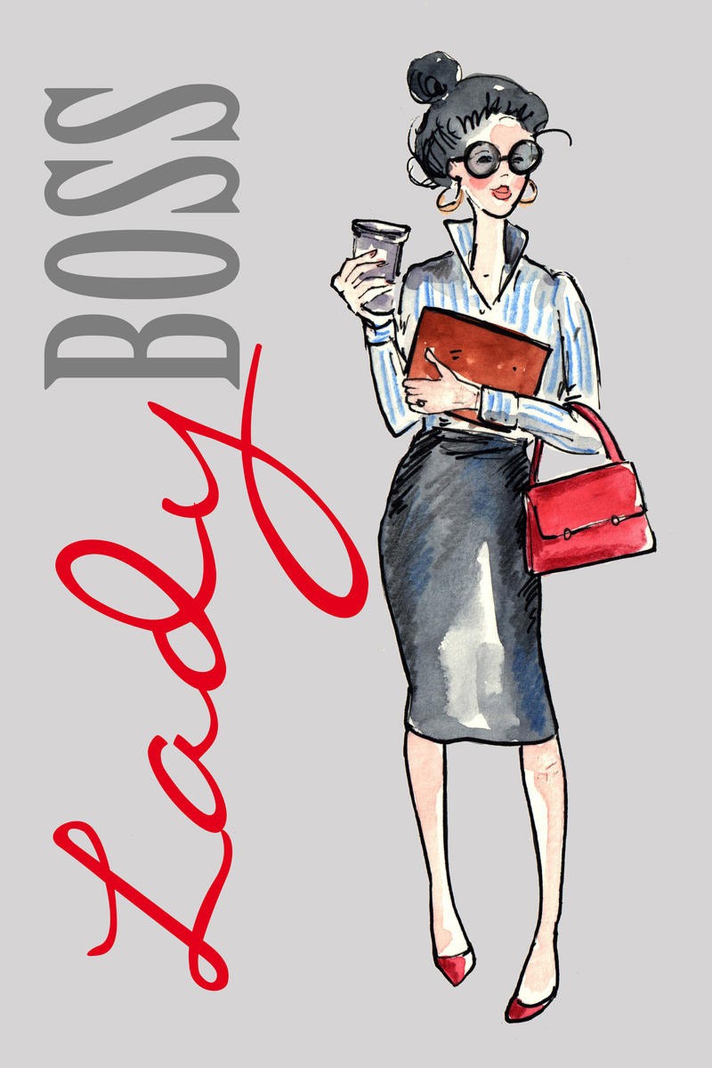 Renate Holzner, Lady Boss (Frau, Chefin, Boss, Eleganz, lässig, Selbstbewusstsein, Motivation, Grafik, Wunschgröße, Büro, Treppenhaus, bunt)