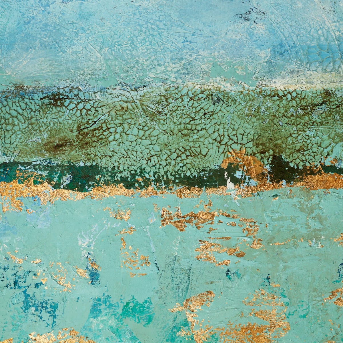 Renate Holzner, Golden Horizon 1 (Abstrakt, abstrakte Malerei, Farbverläufe, Horizontalen, harmonisch, ruhig, Wunschgröße, Badezimmer, Wohnzimmer, Treppenhaus, Büro, blau/grün)