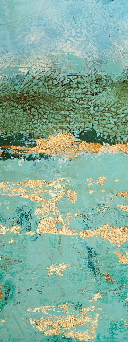 Renate Holzner, Golden Horizon 3 (Abstrakt, abstrakte Malerei, Farbverläufe, Horizontalen, harmonisch, ruhig, Wunschgröße, Badezimmer, Wohnzimmer, Treppenhaus, Büro, blau/grün)