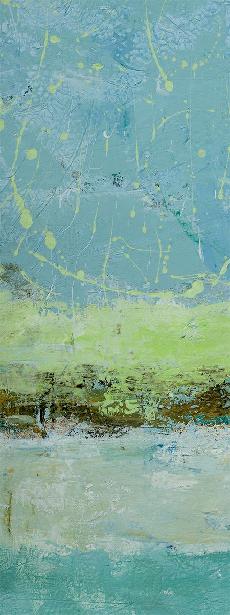 Renate Holzner, Green Horizon 1 (Abstrakt, abstrakte Malerei, Farbverläufe, Horizontalen, Farbspritzer, Wunschgröße, Badezimmer, Wohnzimmer, Treppenhaus, Büro, blau/grün)