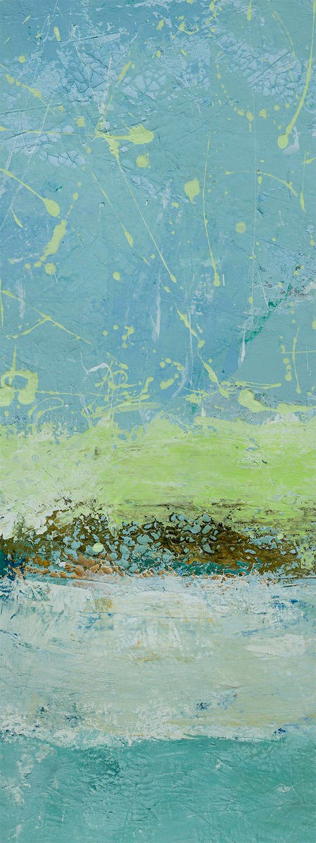 Renate Holzner, Green Horizon 2 (Abstrakt, abstrakte Malerei, Farbverläufe, Horizontalen, Farbspritzer, Wunschgröße, Badezimmer, Wohnzimmer, Treppenhaus, Büro, blau/grün)
