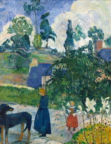 Paul Gauguin, Entre les Lys. Bretonische Landschaft mit Hund und Kindern. 1889. (Gauguin,Paul,1848-1903,Basel,Kunstmuseum,Frankreich,Hunde,Gauguin, Paul 1848-1903)