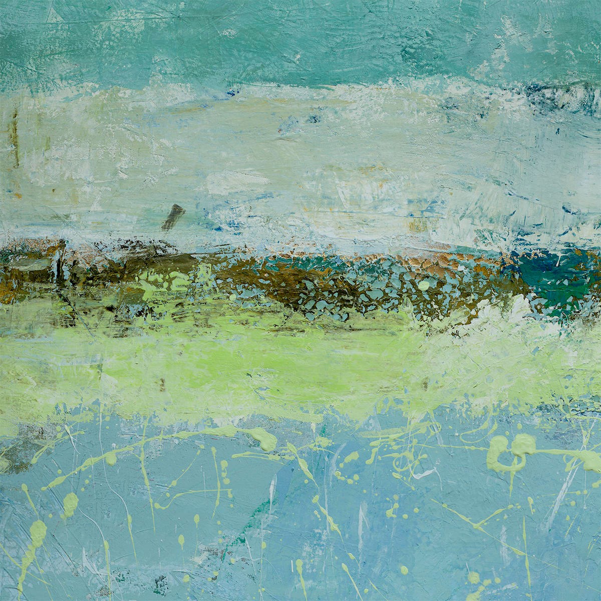 Renate Holzner, Green Horizon 3 (Abstrakt, abstrakte Malerei, Farbverläufe, Horizontalen, Farbspritzer, Wunschgröße, Badezimmer, Wohnzimmer, Treppenhaus, Büro, blau/grün)