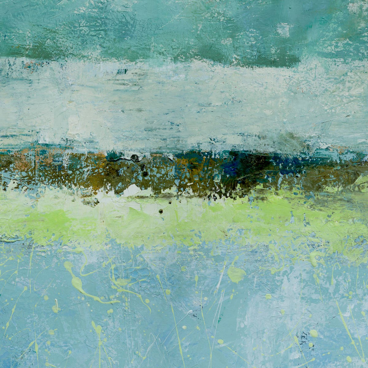 Renate Holzner, Green Horizon 4 (Abstrakt, abstrakte Malerei, Farbverläufe, Horizontalen, Farbspritzer, Wunschgröße, Badezimmer, Wohnzimmer, Treppenhaus, Büro, blau/grün)
