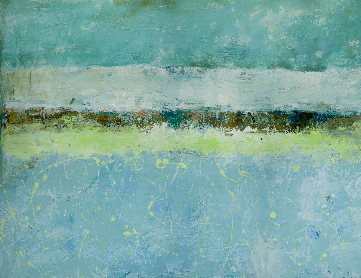 Renate Holzner, Green Horizon (Abstrakt, abstrakte Malerei, Farbverläufe, Horizontalen, Farbspritzer, Wunschgröße, Badezimmer, Wohnzimmer, Treppenhaus, Büro, blau/grün)