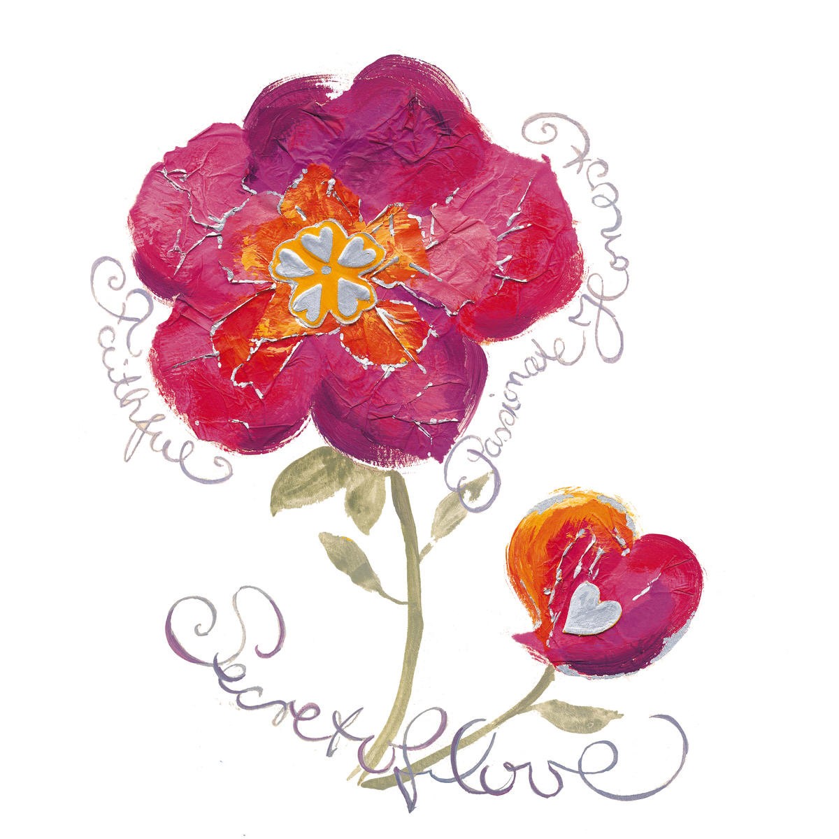 Renate Holzner, Secrets of Love (Blumen, Hertzen, Liebe, Geheimnis, Grafik, Kalligrafie, dekorativ, Treppenhaus, Jugendzimmer, Mädchenzimmer, Wunschgröße, bunt)