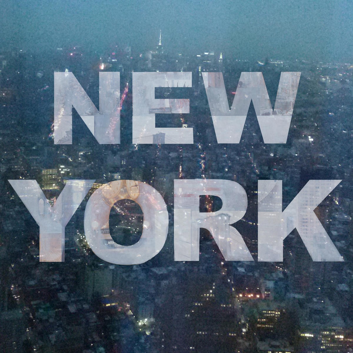 Renate Holzner, New York Collage 2 (New York, Metropole, Städte, Typografie, Luftbild, Nachtszene, Fotokunst, Wunschgröße, Wohnzimmer, Treppenhaus, modern, Grafik, bunt)