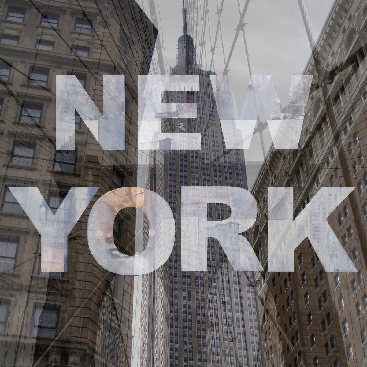 Renate Holzner, New York Collage 3 (New York, Metropole, Städte, Typografie, Architektur, Wolkenkratzer, Gebäude, Fotokunst, Wunschgröße, Wohnzimmer, Treppenhaus, modern, Grafik, bunt)