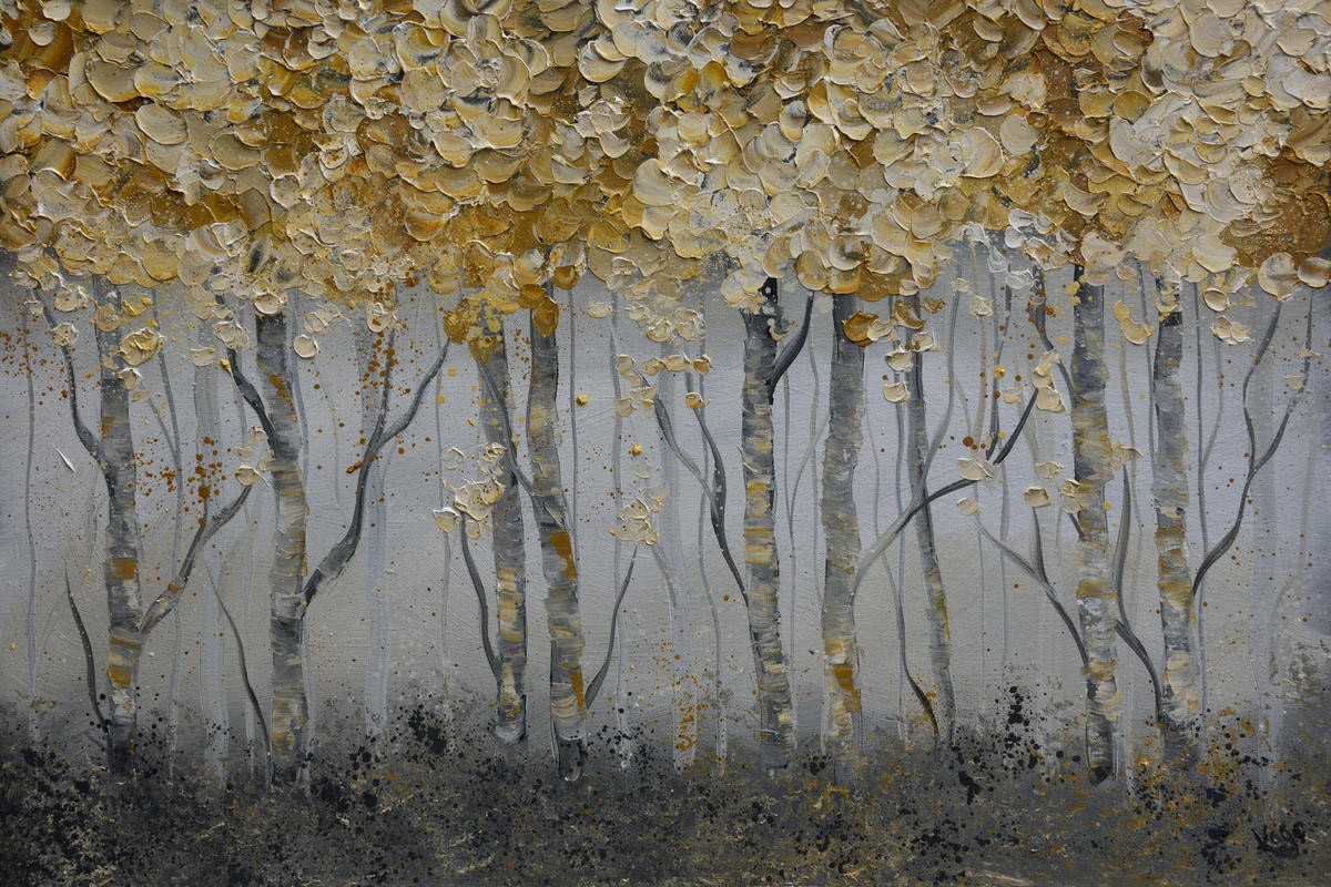 Kaye Lake, ROW OF TREES (Herbst, Landschaft, Wald, Bäume, Nebel, Malerei, pastos, moderne Malerei, Treppenhaus, Wohnzimmer, Wunschgröße, grau/gold)
