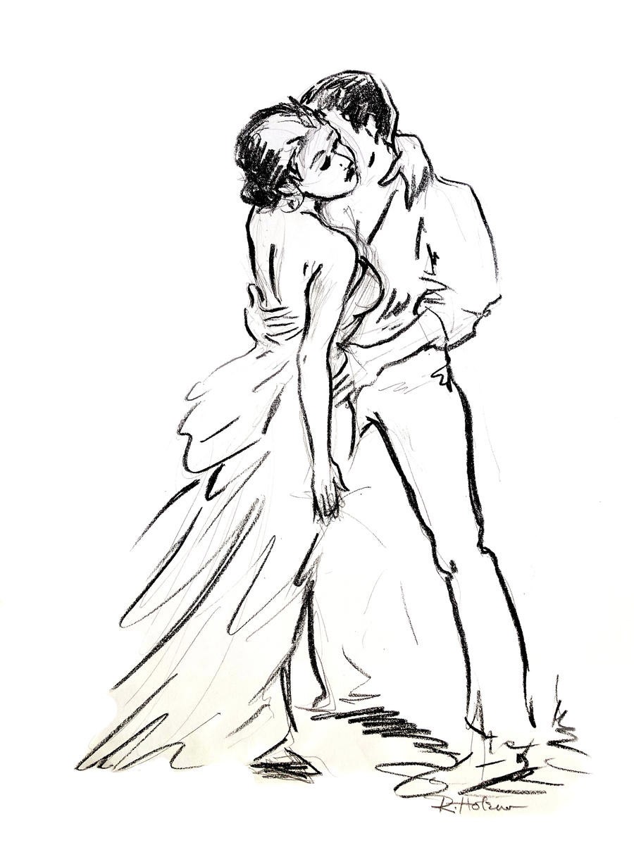 Renate Holzner, Romeo & Juliette (Paar, Liebespaar, Umarmung, Liebe, Leid, Zeichnung, Grafik, Schlafzimmer, Wunschgröße, schwarz/weiß)