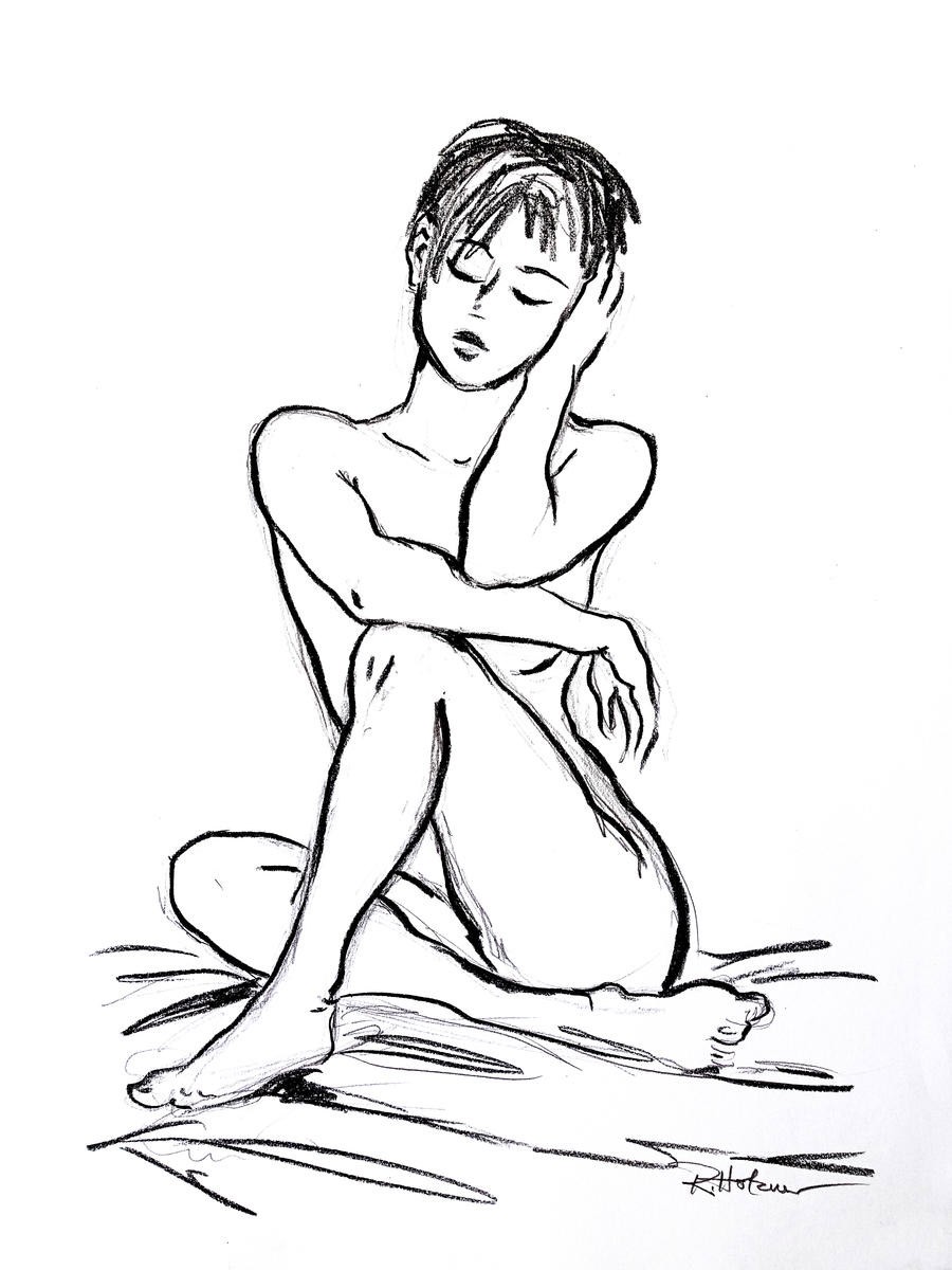 Renate Holzner, Sunny (Akt, Aktzeichnung, Sitzende, Erotik, Zeichnung, Grafik, Schlafzimmer, Badezimmre, Wohnzimmer, Wunschgröße, schwarz/weiß)